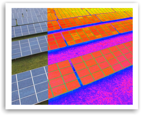 Überblick bei einer Freiflächen-Photovoltaikanlage mit Wärmebildkamera